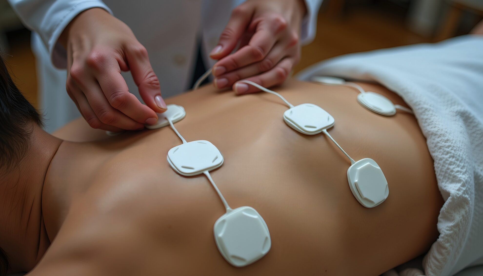 Hände bringen Elektroden der Frequenztherapie am Rücken an.