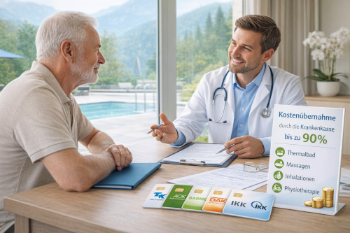 Beratungsgespräch zwischen Kurarzt und Patient zur Kostenübernahme einer Badekur durch die Krankenkasse, dargestellt mit Leistungen wie Thermalbäder, Massagen, Inhalationen und Physiotherapie